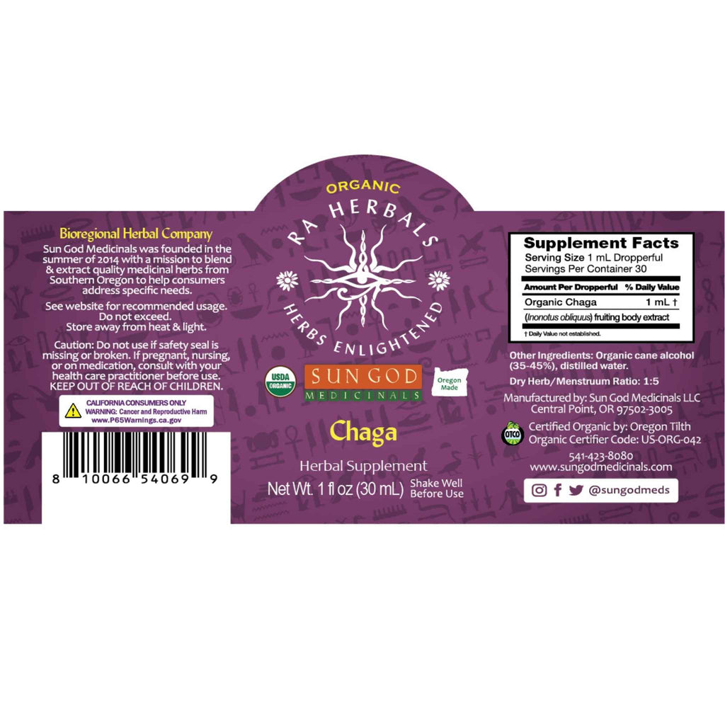 Ra Herbals Certified Organic Chaga Mushroom Tincture | Immune Support Extract